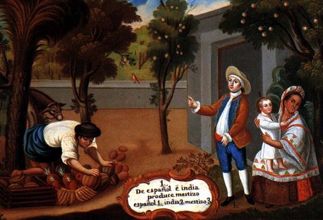 An 18th-century casta painting show an indigenous woman with her Spanish husband and their Mestizo child.