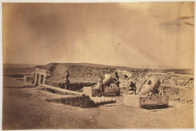 Mortar batteries in front of Picquet House, Light Division, 1855. Island of Guernsey. Image taken by Roger Fenton (English, 1819 – 1869).