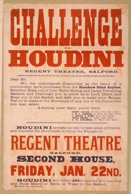 Poster promoting Houdini taking up the challenge of escaping an extra strong and large traveling basket
