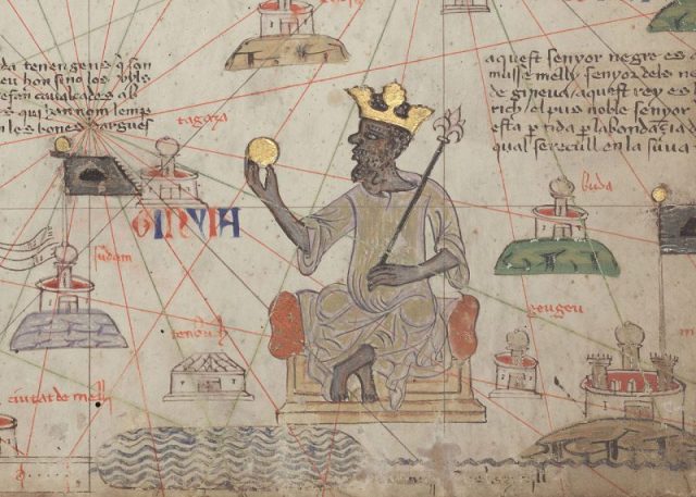 Detail from the Catalan Atlas showing Mansa Musa sitting on a throne and holding a gold coin (c.1375)