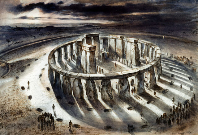 Illustration of people standing around Stonehenge