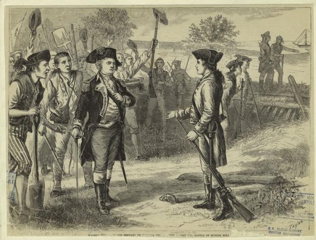 Warren (right) offering to serve General Israel Putnam as a private before the Battle of Bunker Hill