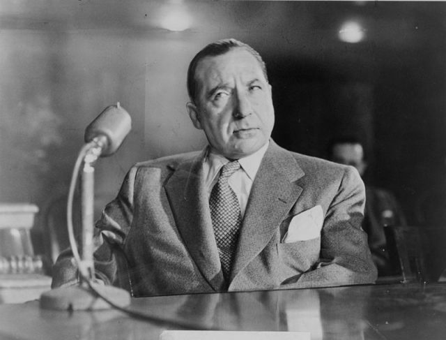 Frank Costello at the witness stand during his testimony at the Kefauver Commitee hearing