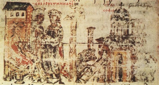 Miniature 38 from the Constantine Manasses Chronicle, 14 century: Construction of Hagia Sophia during the reign of emperor Justinian.