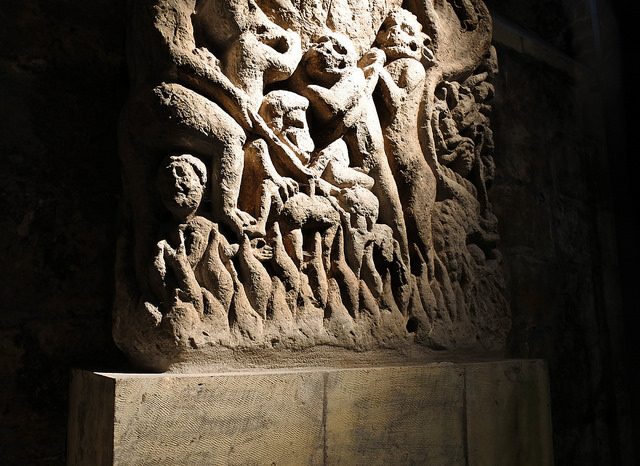 The Doomstone – a 12th century relief at York Minster, showing apocalyptic scenes of ‘Hell’s Cauldron’ and the torment of the damned. Photo by Dun.can CC by 2.0
