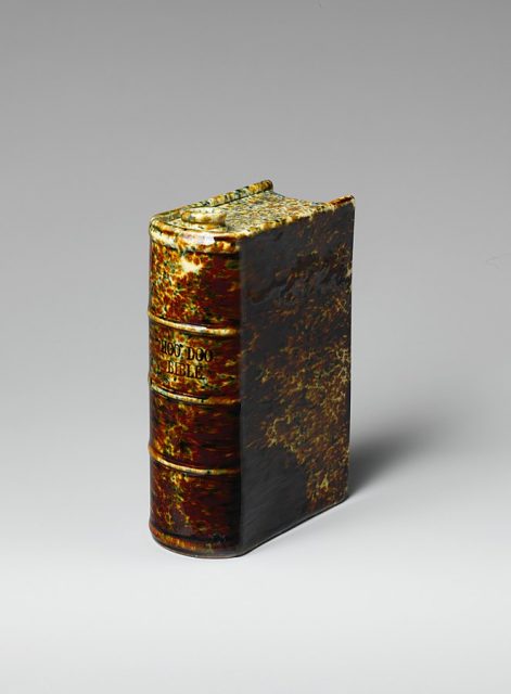 Earthenware book flask, height 6 in. Maker: United States Pottery Company, 1849. The Metropolitan Museum of Art, New York.