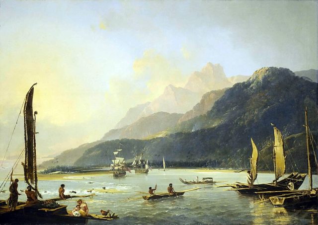 Two ships of Commander James Cook’s second voyage of exploration in the Pacific at anchor in Tahiti 1776.