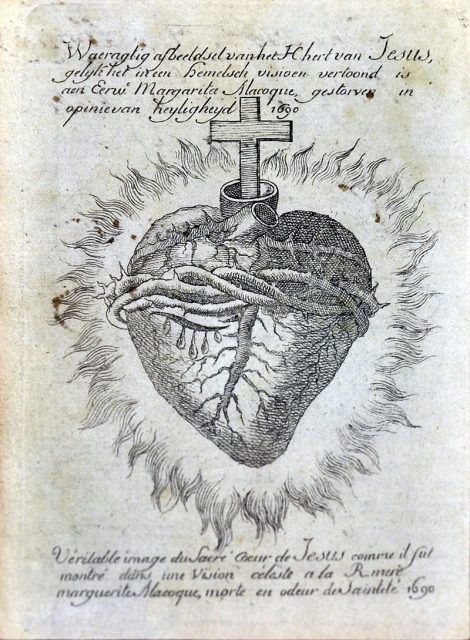 18th century depiction of the Sacred Heart from the vision of Marguerite Marie Alacoque showing anatomical features (the aorta and the pulmonary artery)