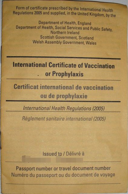 The cover of a certificate that confirms the holder has been vaccinated against yellow fever. Photo by Smartse CC BY-SA 3.0