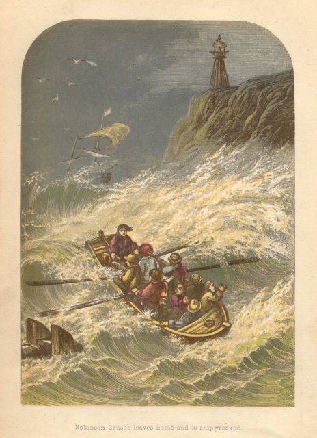‘Robinson Crusoe leaves home and is shipwrecked’ – illustration by Alexander Frank Lydon from Groombridge and Sons edition of Robinson Crusoe, 1865