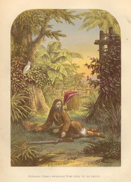 ‘Robinson Crusoe is awakened by his parrot’ – illustration by Alexander Frank Lydon