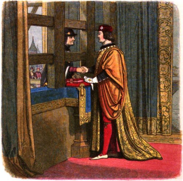 Edward IV of England meets with Louis XI of France at Picquigny to affirm the Treaty of Picquigny