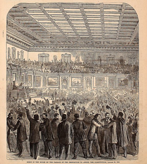 Harper’s Weekly cartoon depicting celebration in the House of Representatives after adoption of the Thirteenth Amendment