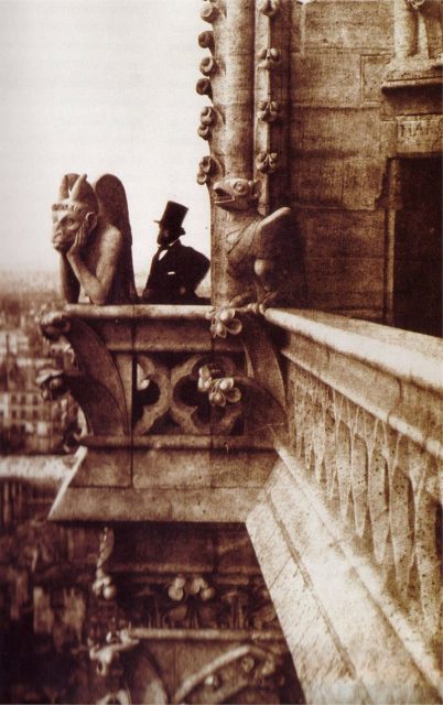An 1853 photo by Charles Nègre of Henri Le Secq next to ‘Le Stryge’ gargoyle