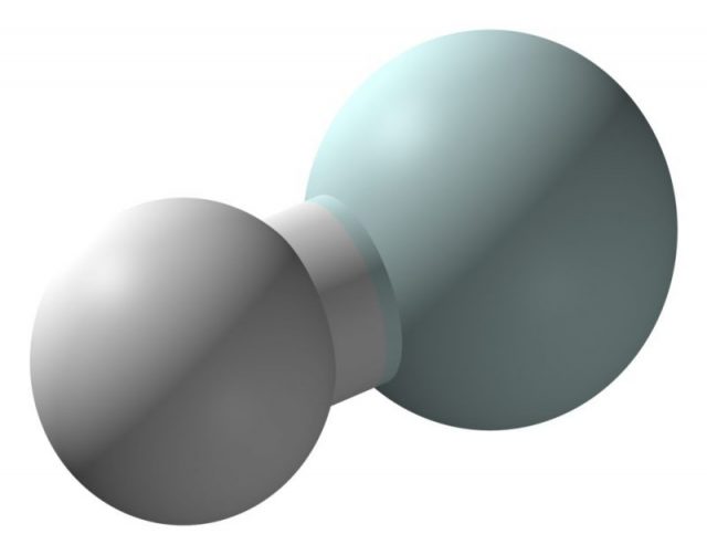 Ball-and-stick model of the helium hydride cation, HeH+. Structural data from Journal of Molecular Modeling, 2009, 15, 35-40. Photo by CCoil CC BY-SA 3.0