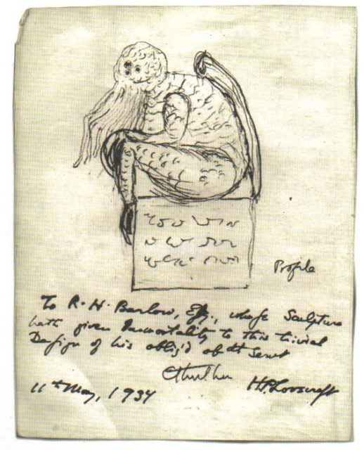 A sketch of a statuette depicting Cthulhu, drawn by his creator, H. P. Lovecraft