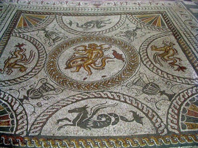 The Cupid on a Dolphin mosaic at Fishbourne Roman Palace, West Sussex, England
