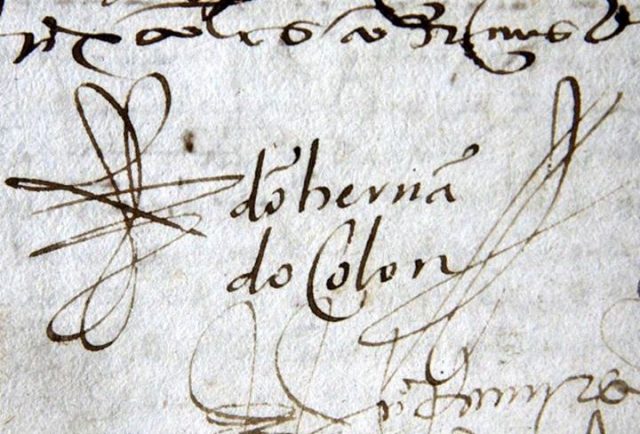 Signature of Ferdinand Columbus in a lease contract dated 1534, preserved at the Provincial Historical Archive of Seville, Spain