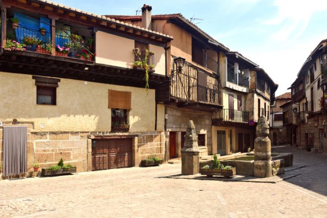 Main square of San Martín del Castañar, Salamanca province, Castile and Leon, Spain