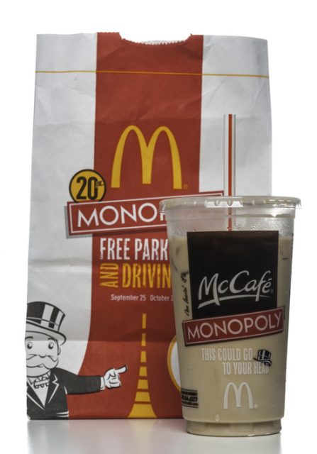 McDonalds McCafA monopoly promo on paper bag and coffee cup