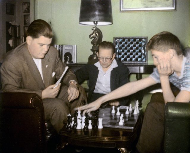 William Lombardy and Fischer analyzing, with Jack Collins looking on