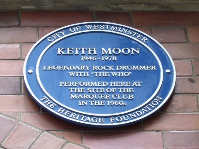 Moon’s commemorative blue plaque at the site of the former Marquee Club in Soho, London