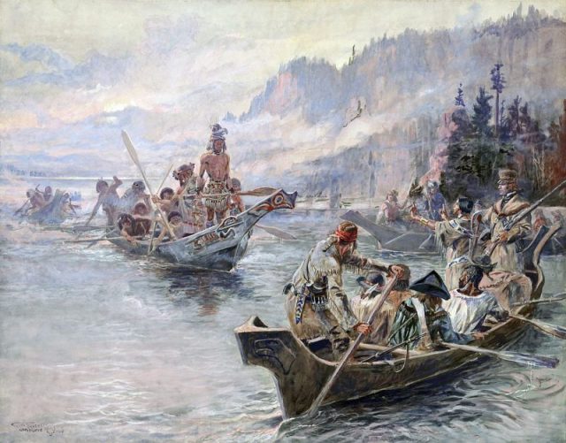 ‘Corps of Discovery meet Chinooks on the Lower Columbia, October 1805’, by Charles Marion Russel, c. 1905