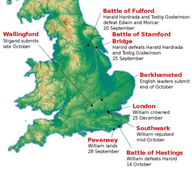 Location of major events during the Norman conquest of England in 1066. Photo by Amitchell125 CC BY 3.0