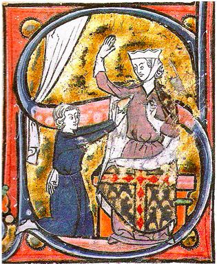 The earliest known visual depiction of a heart symbol – a lover hands his heart to the beloved lady. La Roman de la Poire, mid-13th century.