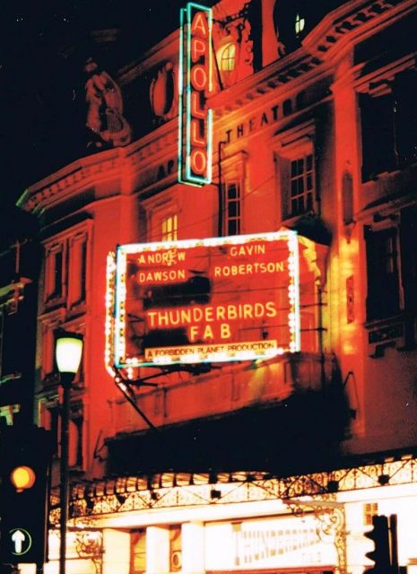 Billboard for the 1989 production of the stage show tribute Thunderbirds: F.A.B. at London’s Apollo Photo by Theatre Bachcell -CC BY-SA 3.0
