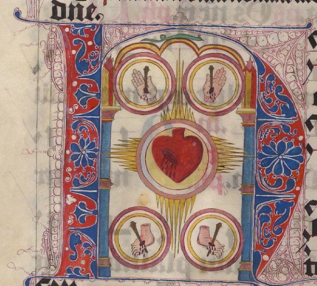 Early depiction of the Heart of Jesus in the context of the Five Wounds, in a 15th century manuscript