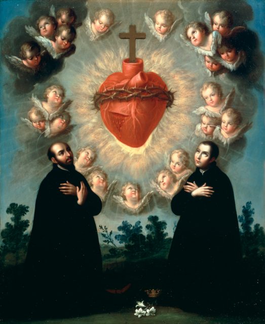 Saint Ignatius of Loyola and Saint Louis Gonzaga gaze upon the Sacred Heart of Jesus. Painting by José de Páez, c. 1770
