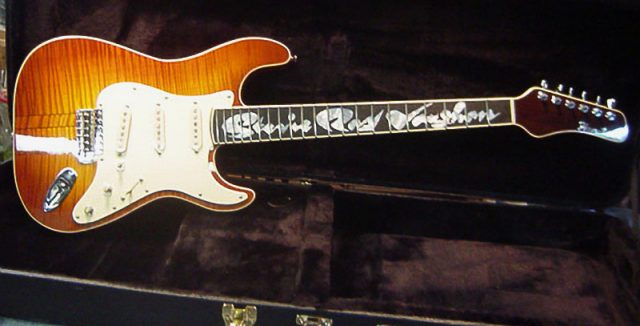 Signed Stevie Ray Vaughan reproduction guitar. Photo by Monkeyleg CC BY-SA 4.0