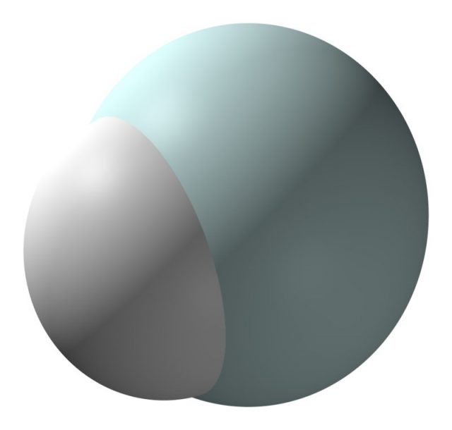 Space-filling model of the helium hydride cation, HeH+. Structural data from Journal of Molecular Modeling, 2009, 15, 35-40. Photo by CCoil CC BY-SA 3.0