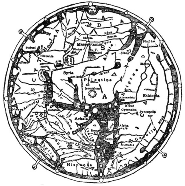 The Hereford Map (c. 1280) – a black-and-white simplified version of the Hereford mappa mundi
