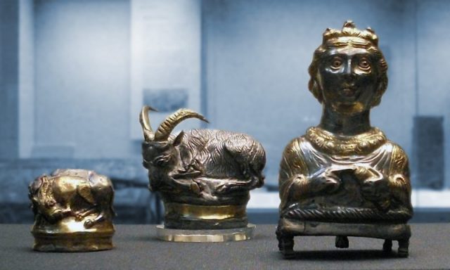 Three silver-gilt Roman piperatoria or pepper pots from the Hoxne Hoard on display at the British Museum