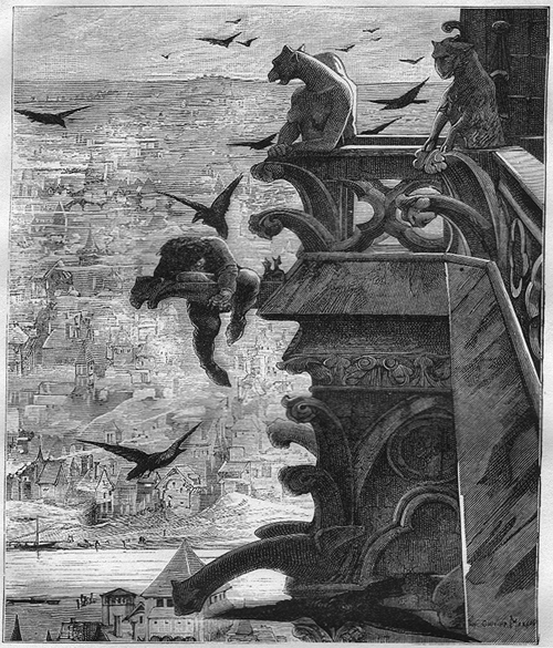 Illustration from ‘Victor Hugo et son temps’ (1881) by Alfred Barbou, showing the galerie des chimères of Notre-Dame de Paris