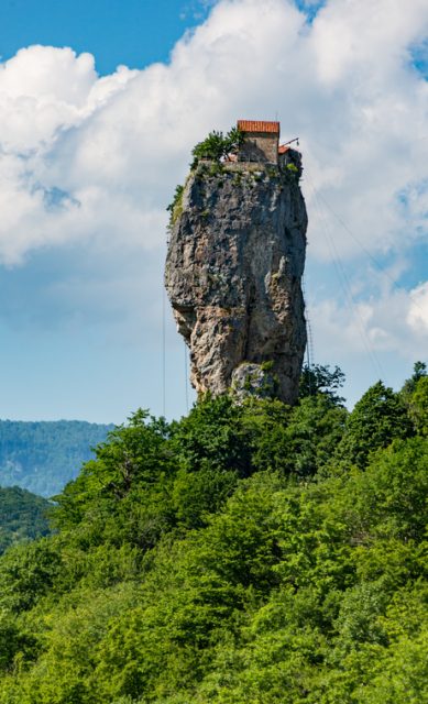 Katskhi Pillar is a single 130-foot-tall towering pillar of rock with a small cell for a single monk at the top