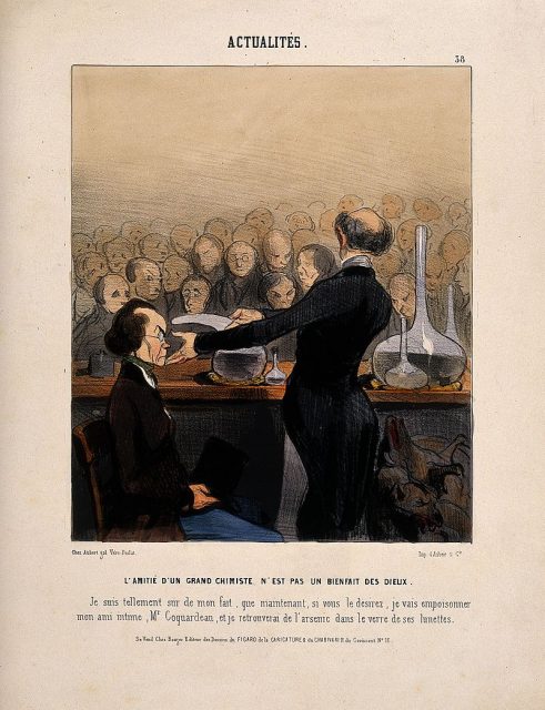 Satirical cartoon by Honoré Daumier of a chemist giving a public demonstration of arsenic, 1841. Photo by Wellcome Images CC BY 2.0