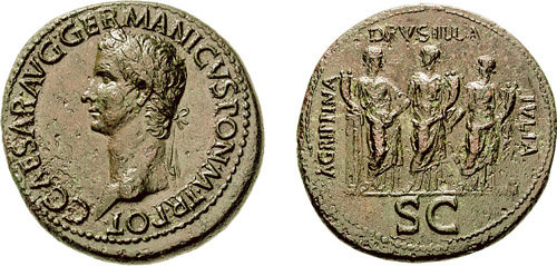 “During the reign of Caligula, coins like the one pictured here were issued depicting his three sisters, Drusilla, Livilla, and Agrippina the Younger”. Photo by Classical Numismatic Group, Inc. http://www.cngcoins.com CC BY-SA 2.5