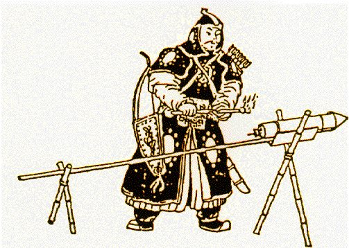 Drawing of an early Mongolian soldier lighting a rocket
