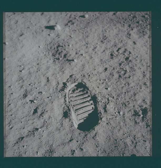 First human footprint on the Moon. Photo by Project Apollo Archive CC BY 2.0