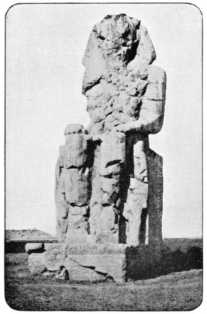 The Colossi of Memnon in Luxor, Egypt. Vintage halftone photo etching c. late-19th century