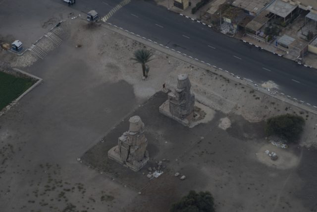 The view from a hot air balloon of the Colossi of Memnon in Luxor, Egypt, in Northern Africa
