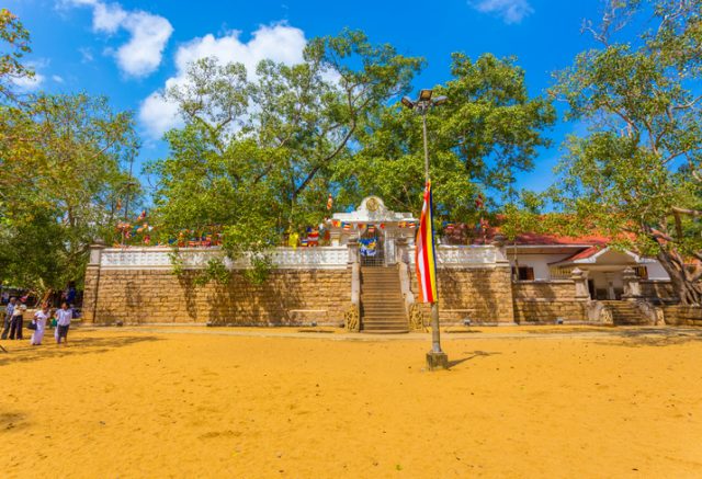 Anuradhapura, Sri Lanka – February 7, 2015: Dirt field and south compound steps lead to sacred Jaya Sri Maha Bodhi or Bodhiya fig tree in Anuradhapura