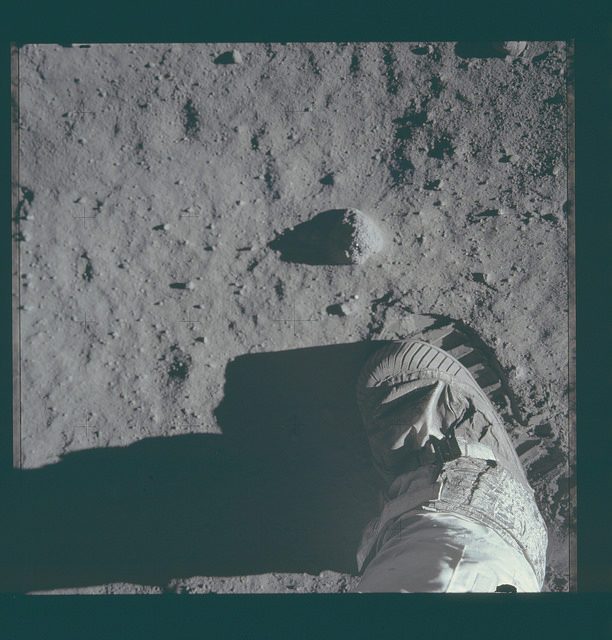 Neil Armstrong put his left foot on the rocky Moon. Photo by Project Apollo Archive CC BY 2.0