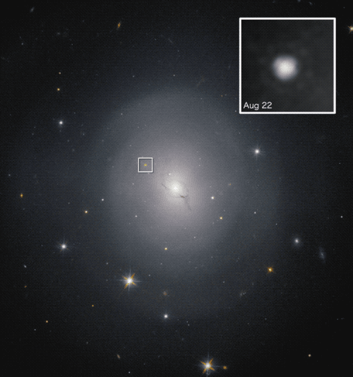 “On August 17, 2017, the Laser Interferometer Gravitational-wave Observatory detected gravitational waves from a neutron star collision. Within 12 hours, observatories had identified the source of the event within the galaxy NGC 4993, shown in this Hubble Space Telescope image, and located an associated stellar flare called a kilonova (box). Inset: Hubble observed the kilonova fade over the course of six days.”