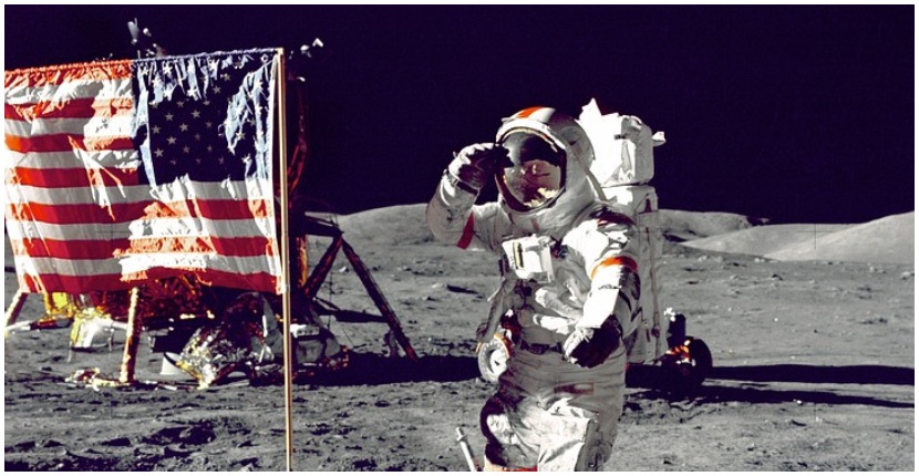 Eugene A. Cernan, Commander, Apollo 17 salutes the flag on the lunar surface during extravehicular activity (EVA) on NASA's final lunar landing mission.