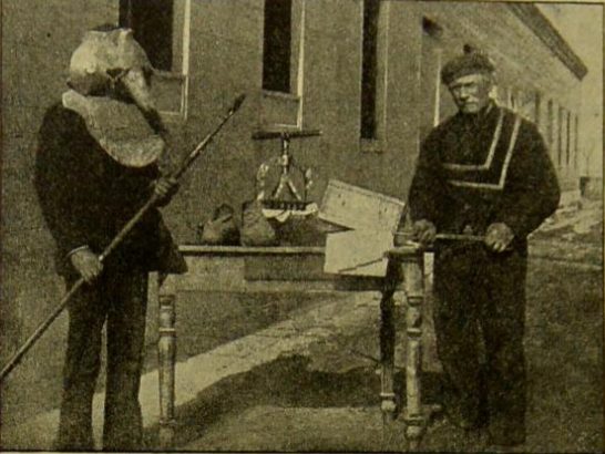 “Plague mask and tools for disinfecting letters discovered on Poveglia island by Theodor Weyl in 1889”