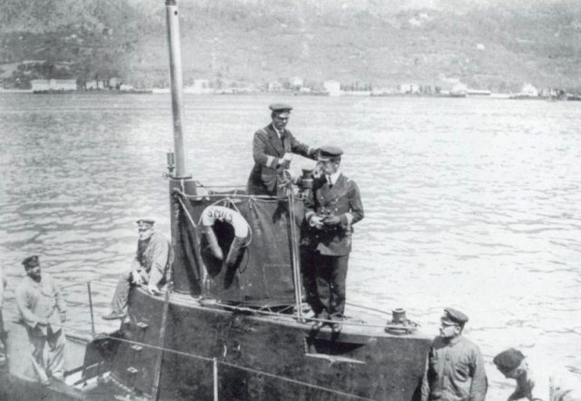 Georg von Trapp on the bridge of a U-5 of the Austro-Hungarian Navy, 1915
